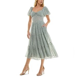 Trixxi Juniors' Puff-Sleeve Floral Green Midi Dress